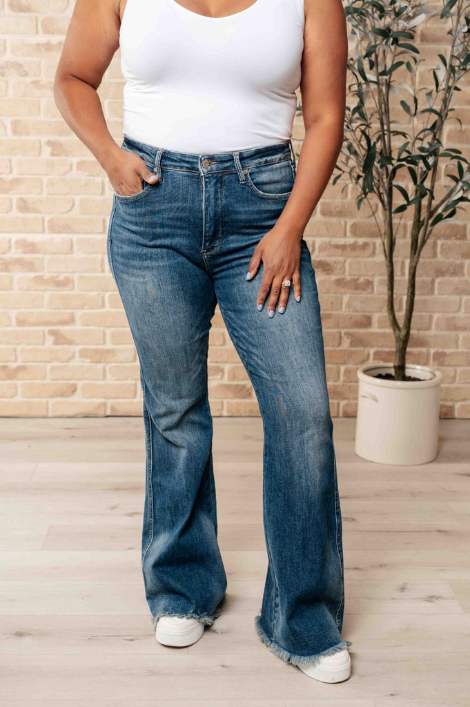 Miley High Waist Control Top Frayed Hem Flare Jeans - The Edit LLC