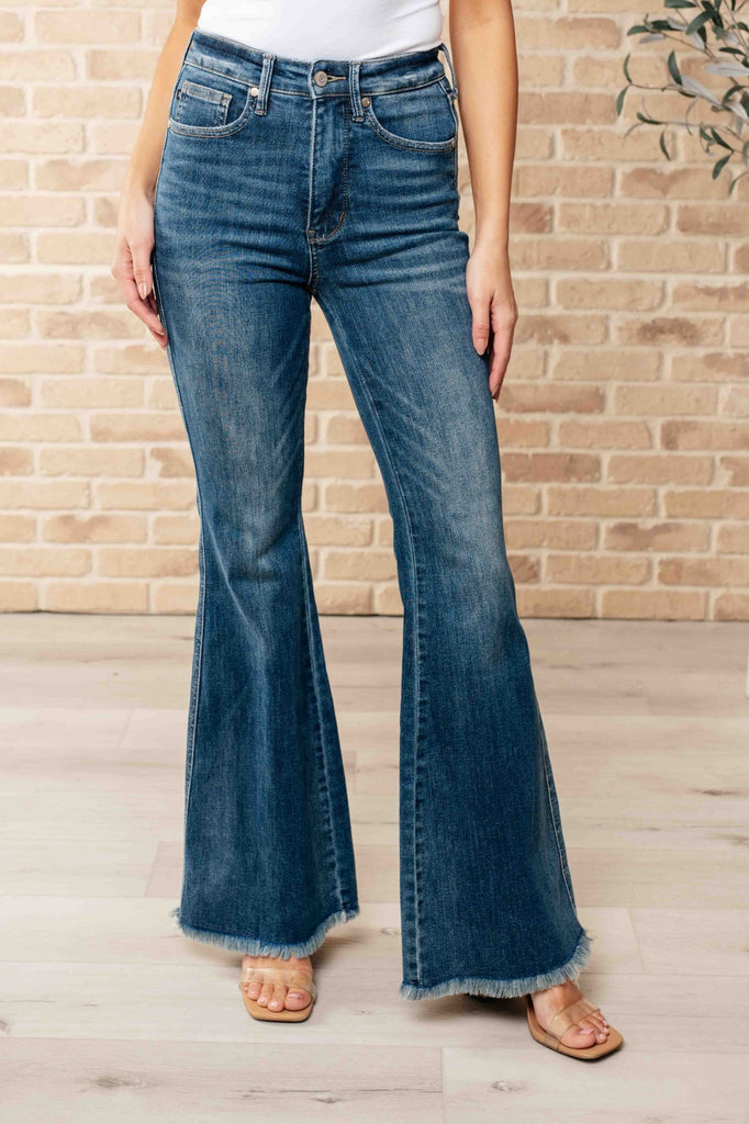 Miley High Waist Control Top Frayed Hem Flare Jeans - The Edit LLC