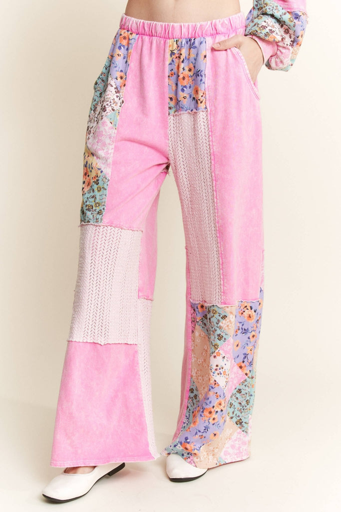 Mineral Washed Floral WaveKnit Jacquard Boho Pants HP6106: Bubblegum / S - M - L / 2 - 2 - 2 - The Edit LLC