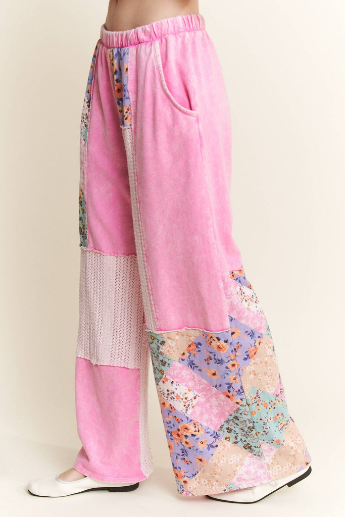 Mineral Washed Floral WaveKnit Jacquard Boho Pants HP6106: Bubblegum / S - M - L / 2 - 2 - 2 - The Edit LLC