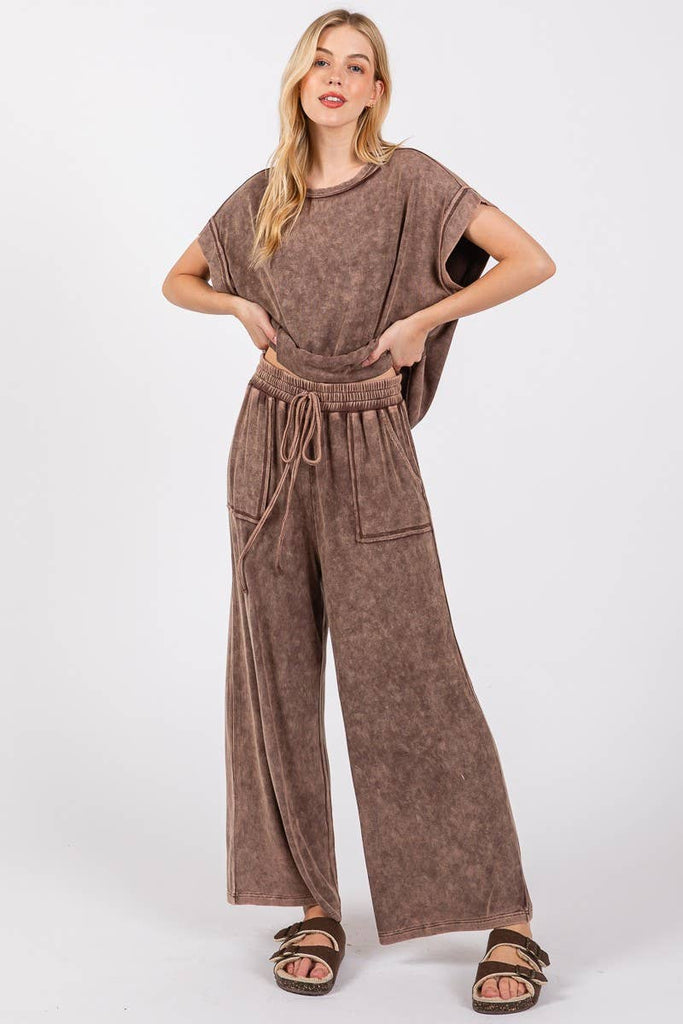 MINERAL WASHED TOP AND PANTS RIB SETS: BROWN - The Edit LLC