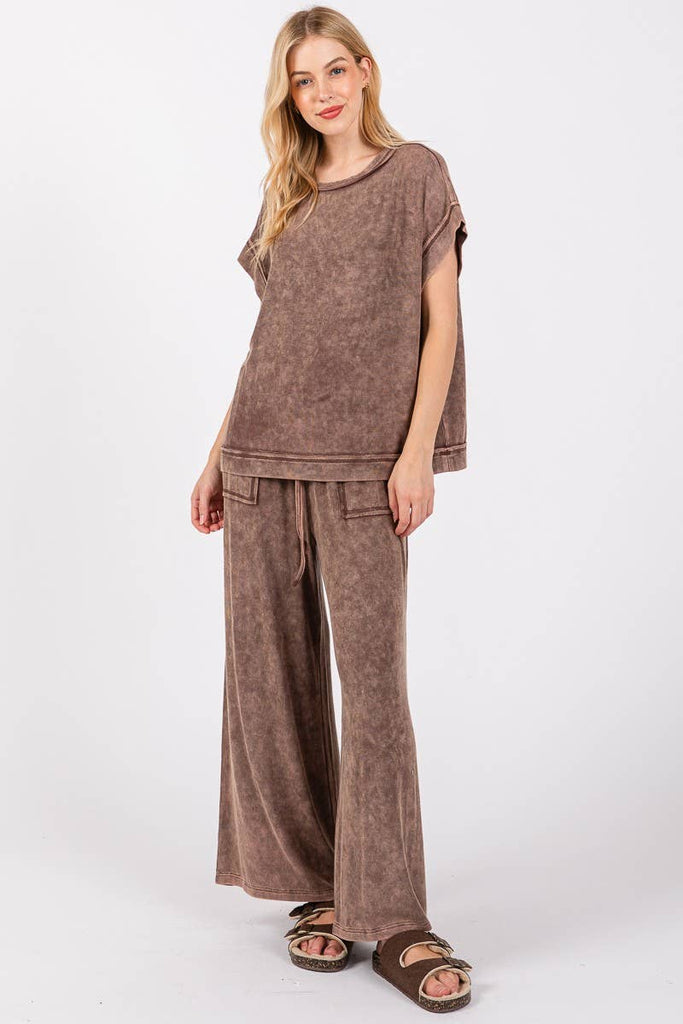 MINERAL WASHED TOP AND PANTS RIB SETS: BROWN - The Edit LLC