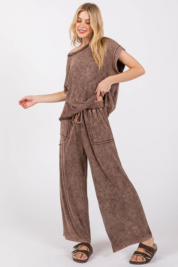 MINERAL WASHED TOP AND PANTS RIB SETS: BROWN - The Edit LLC