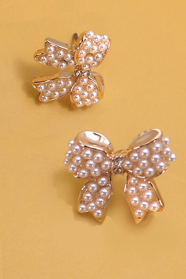 MINI PEARL BOW RIBBON GOLD EARRINGS | 80E5342: Gold - The Edit LLC