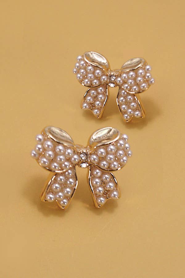 MINI PEARL BOW RIBBON GOLD EARRINGS | 80E5342: Gold - The Edit LLC