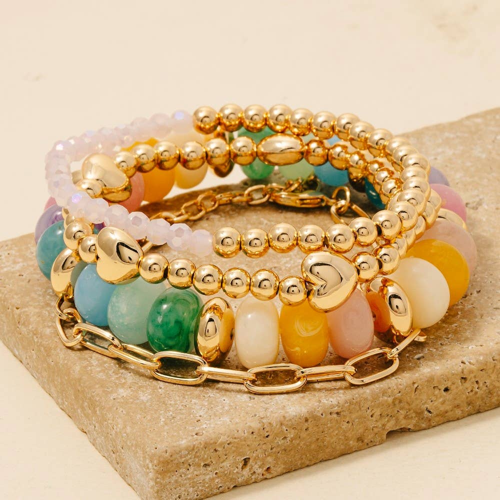 Mint Multi Marble Resin And Metallic Hearts Beads Chains Bracelet Stack - The Edit LLC