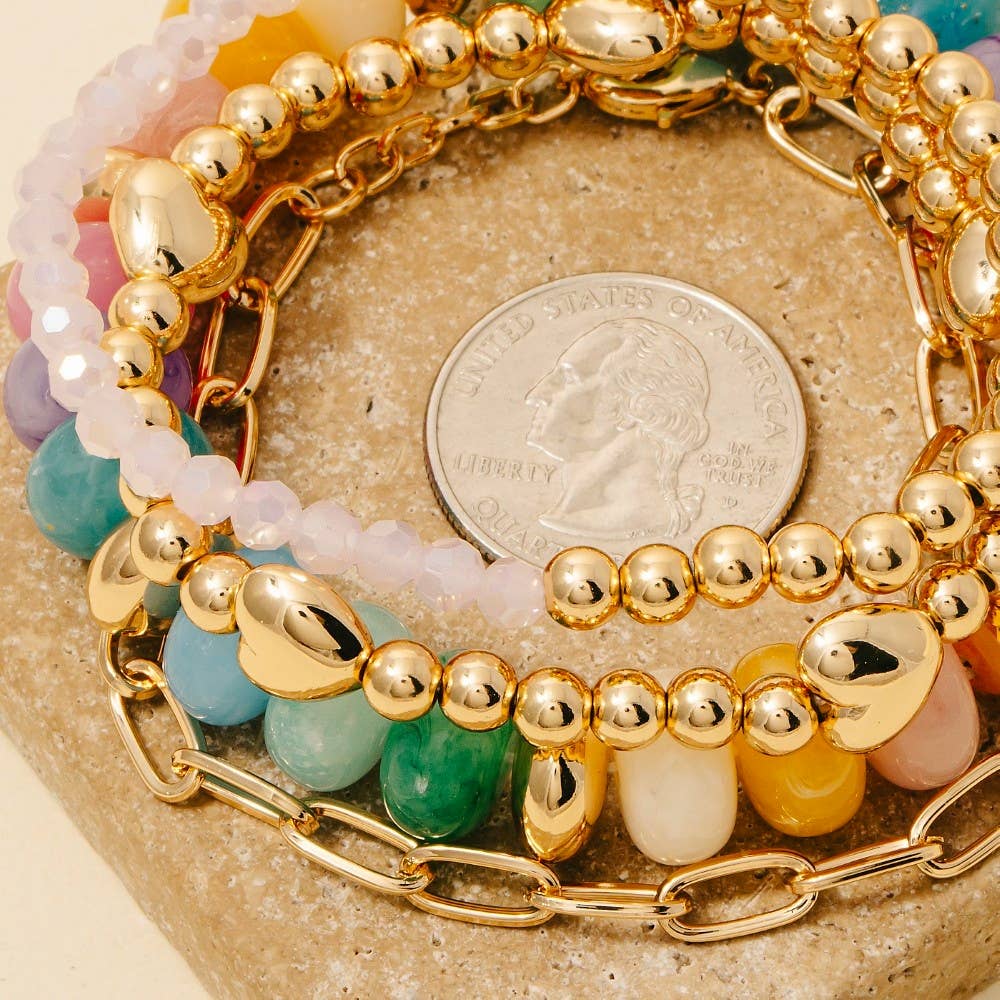 Mint Multi Marble Resin And Metallic Hearts Beads Chains Bracelet Stack - The Edit LLC
