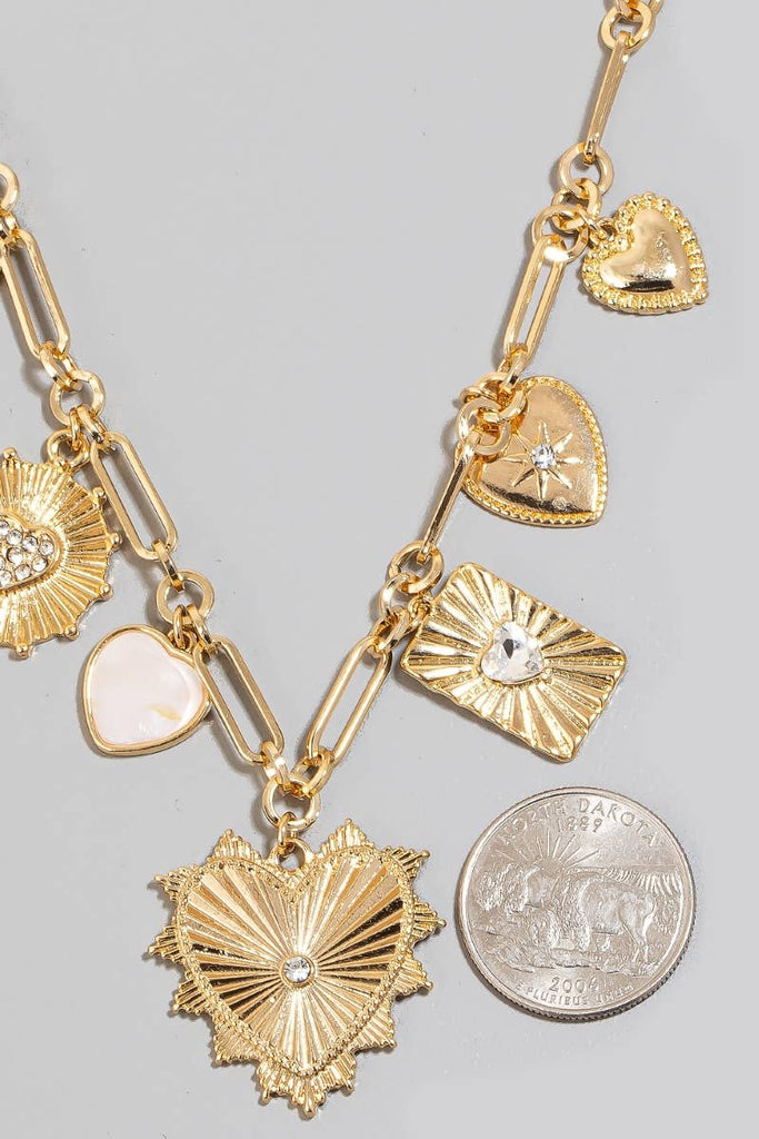 Mixed Studded Metallic Heart Charms Necklace: GD - The Edit LLC