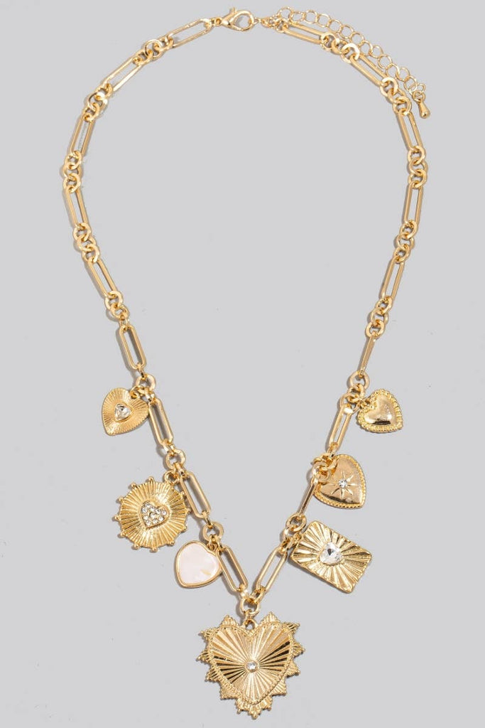 Mixed Studded Metallic Heart Charms Necklace: GD - The Edit LLC