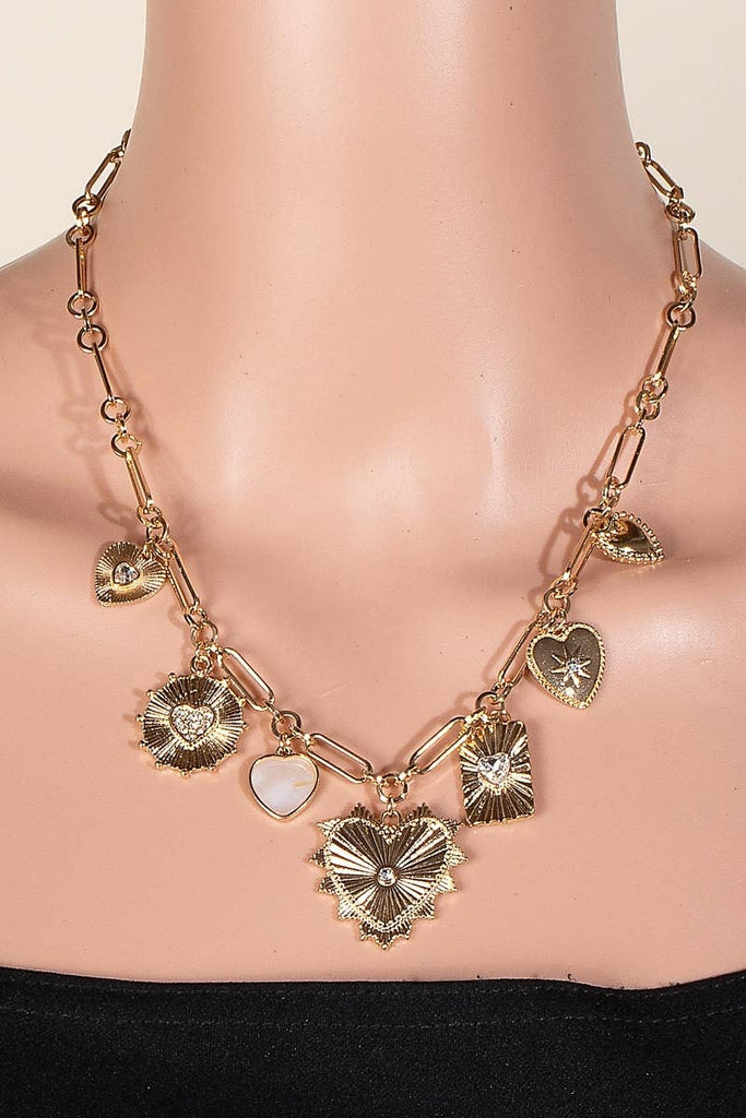 Mixed Studded Metallic Heart Charms Necklace: GD - The Edit LLC