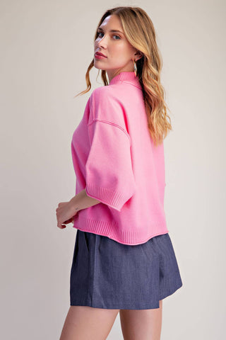 Mock Neck 3/4 sleeves Sweater: Pink / S - The Edit LLC