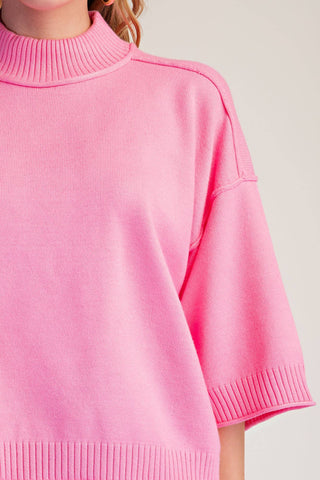 Mock Neck 3/4 sleeves Sweater: Pink / S - The Edit LLC