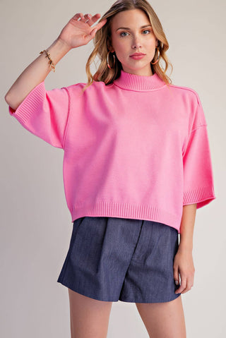 Mock Neck 3/4 sleeves Sweater: Pink / S - The Edit LLC