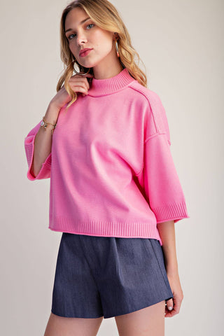 Mock Neck 3/4 sleeves Sweater: Pink / S - The Edit LLC