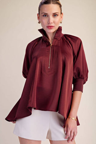 Mock Neck Band Half Zip Puff Elbow Sleeve Blouse: Burgundy / S - The Edit LLC