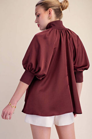 Mock Neck Band Half Zip Puff Elbow Sleeve Blouse: Burgundy / S - The Edit LLC