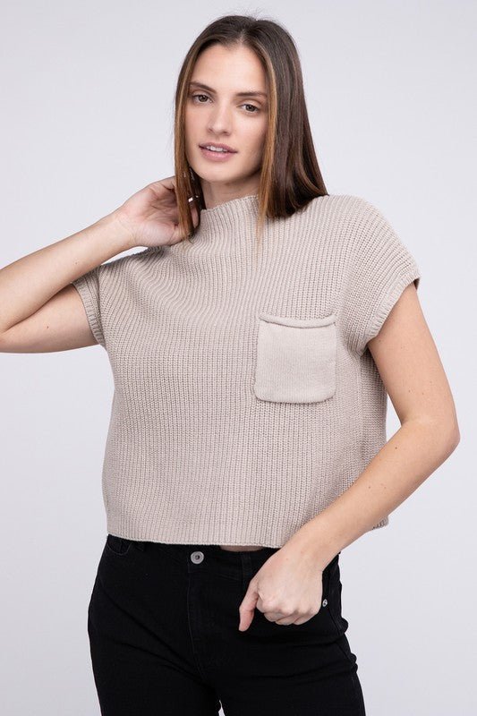 Mock Neck Short Sleeve Cropped Sweater - The Edit LLC