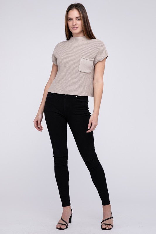 Mock Neck Short Sleeve Cropped Sweater - The Edit LLC