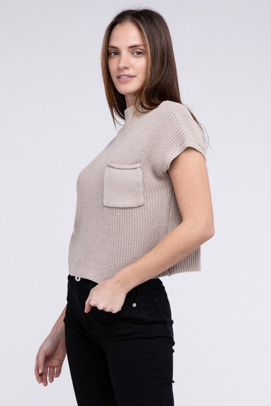 Mock Neck Short Sleeve Cropped Sweater - The Edit LLC