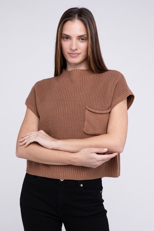 Mock Neck Short Sleeve Cropped Sweater - The Edit LLC