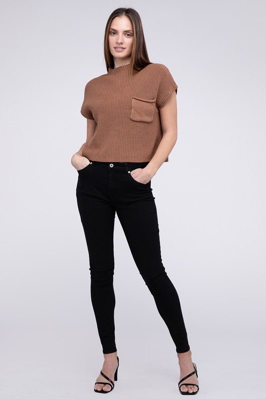 Mock Neck Short Sleeve Cropped Sweater - The Edit LLC