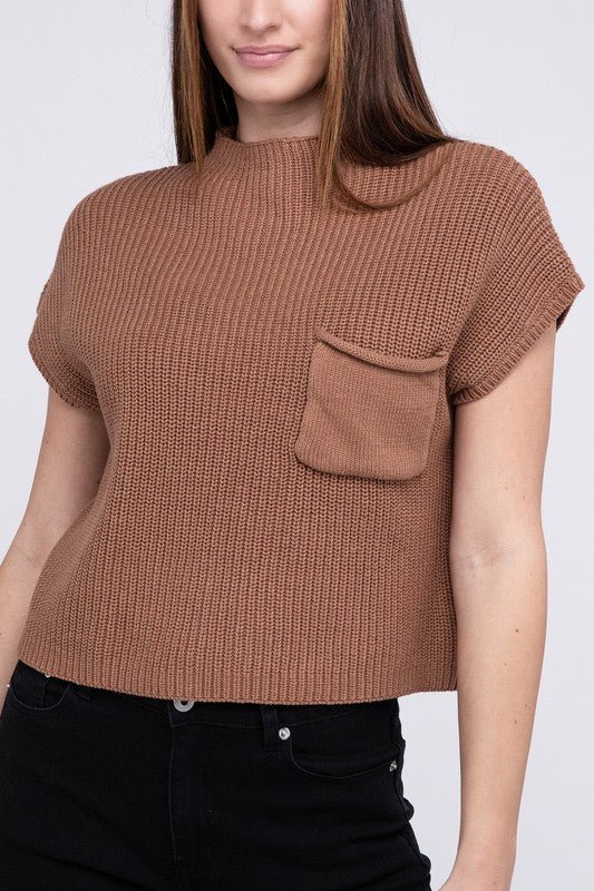 Mock Neck Short Sleeve Cropped Sweater - The Edit LLC