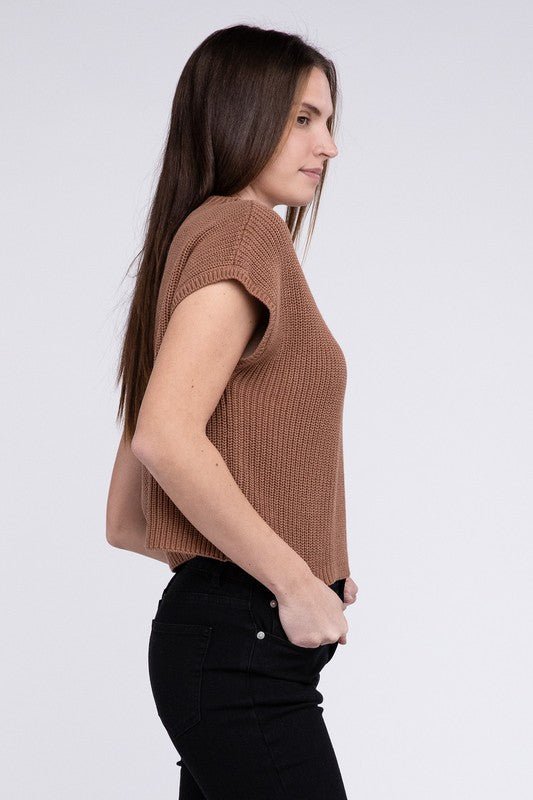 Mock Neck Short Sleeve Cropped Sweater - The Edit LLC