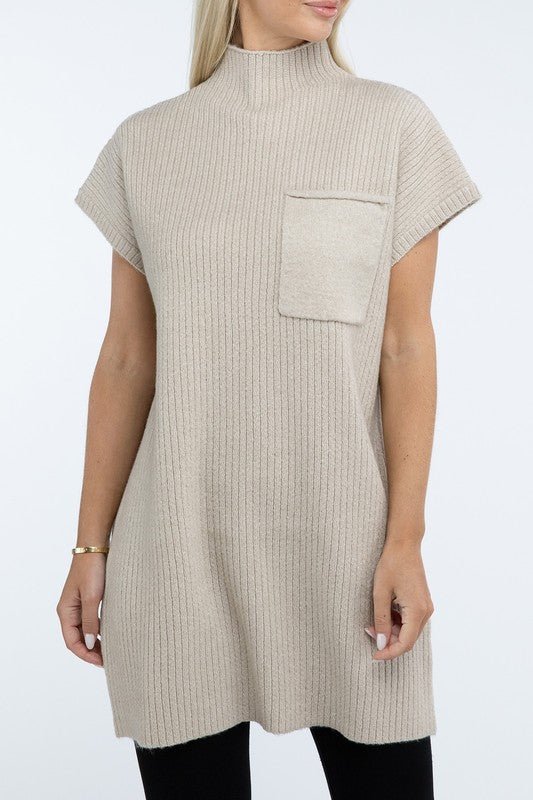 Mock Neck Short Sleeve Sweater Dress with Pocket - The Edit LLC