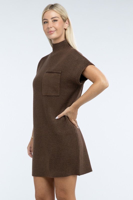 Mock Neck Short Sleeve Sweater Dress with Pocket - The Edit LLC