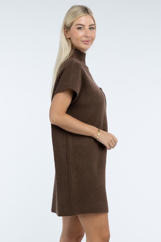 Mock Neck Short Sleeve Sweater Dress with Pocket - The Edit LLC