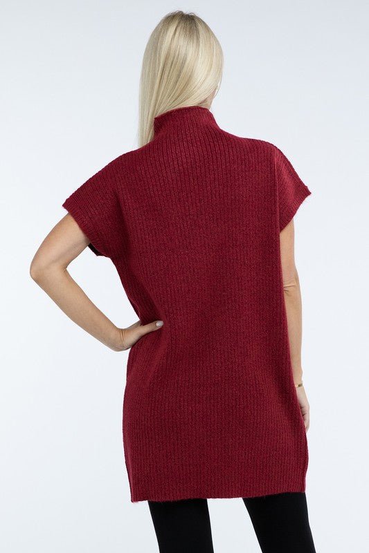 Mock Neck Short Sleeve Sweater Dress with Pocket - The Edit LLC