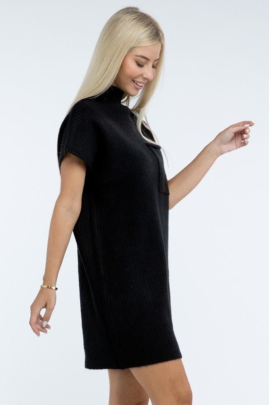 Mock Neck Short Sleeve Sweater Dress with Pocket - The Edit LLC