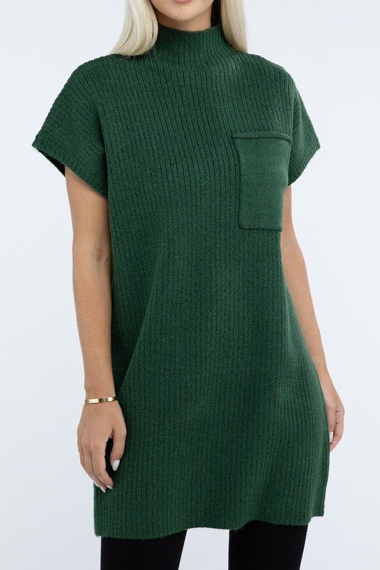 Mock Neck Short Sleeve Sweater Dress with Pocket - The Edit LLC