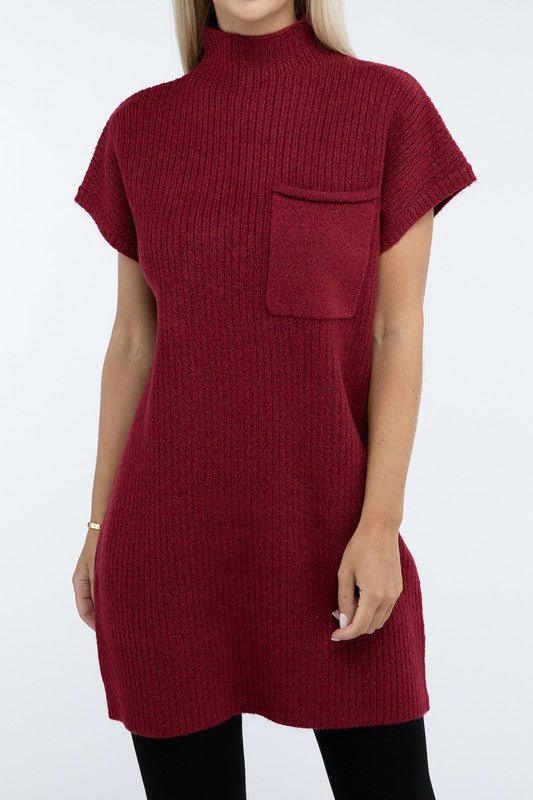 Mock Neck Short Sleeve Sweater Dress with Pocket - The Edit LLC