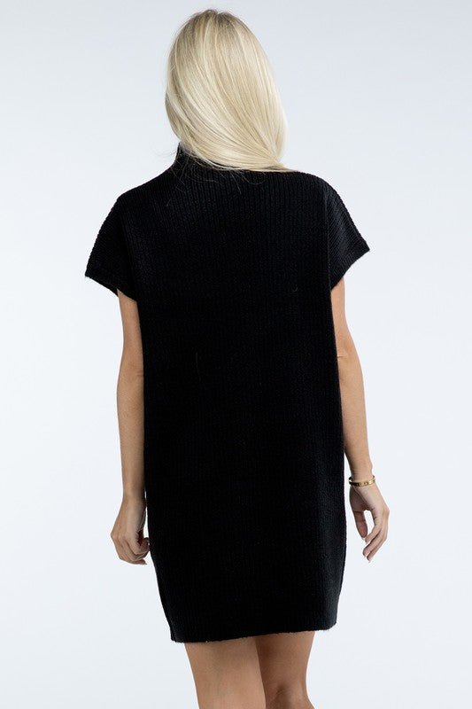 Mock Neck Short Sleeve Sweater Dress with Pocket - The Edit LLC