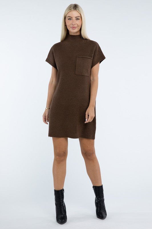 Mock Neck Short Sleeve Sweater Dress with Pocket - The Edit LLC