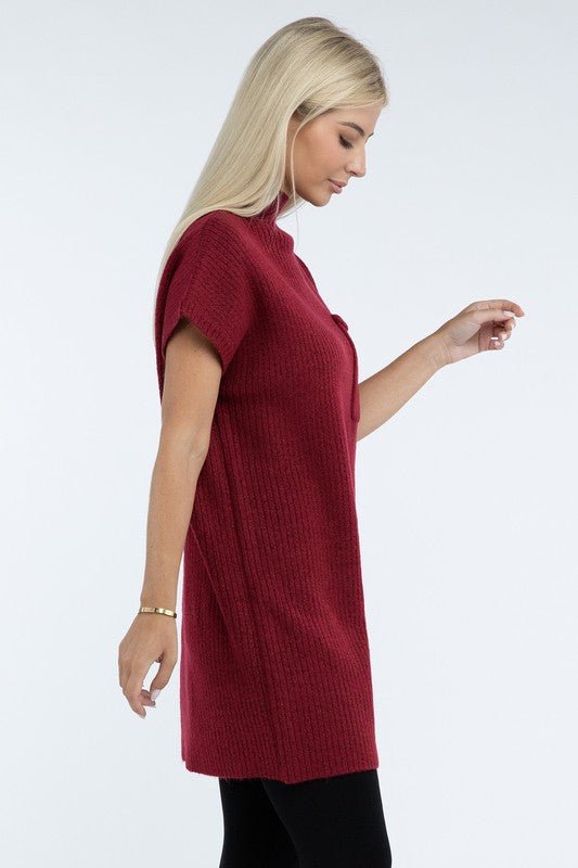 Mock Neck Short Sleeve Sweater Dress with Pocket - The Edit LLC