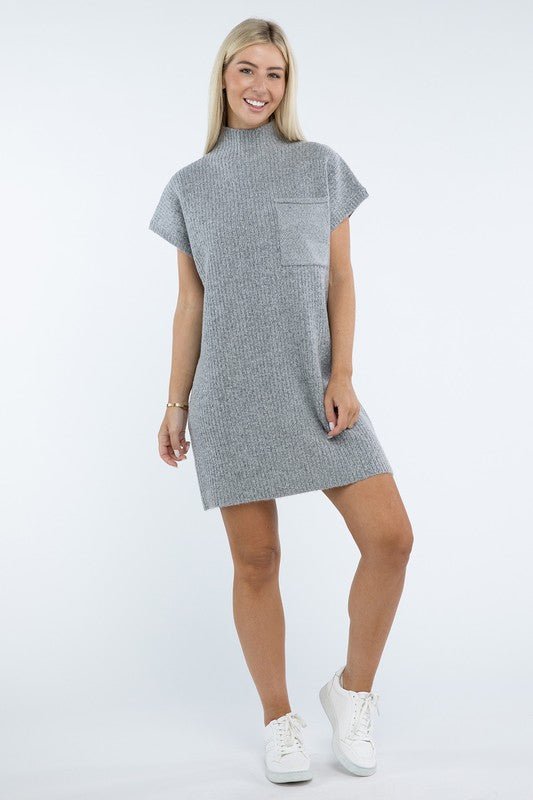 Mock Neck Short Sleeve Sweater Dress with Pocket - The Edit LLC