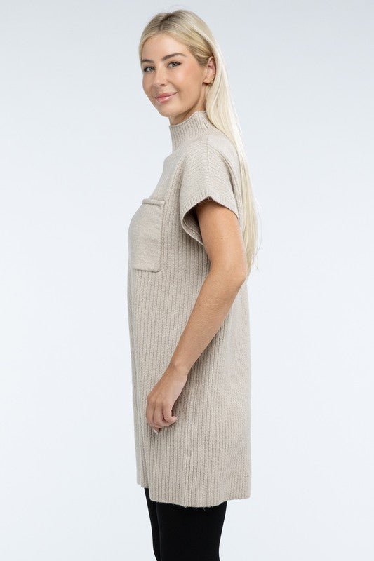 Mock Neck Short Sleeve Sweater Dress with Pocket - The Edit LLC