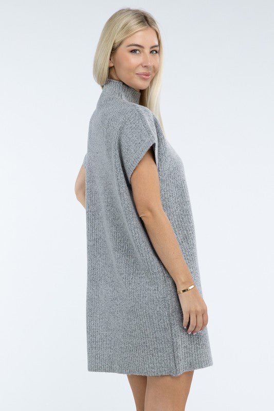 Mock Neck Short Sleeve Sweater Dress with Pocket - The Edit LLC