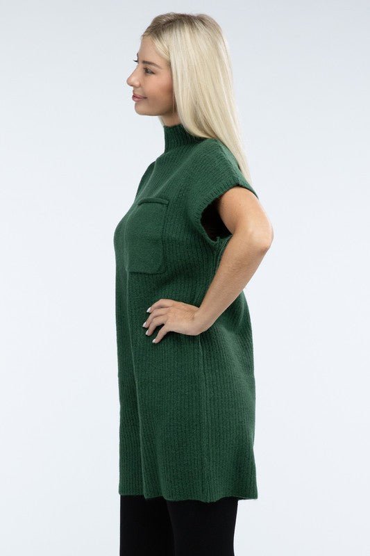 Mock Neck Short Sleeve Sweater Dress with Pocket - The Edit LLC