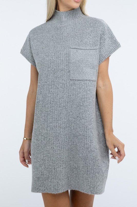 Mock Neck Short Sleeve Sweater Dress with Pocket - The Edit LLC