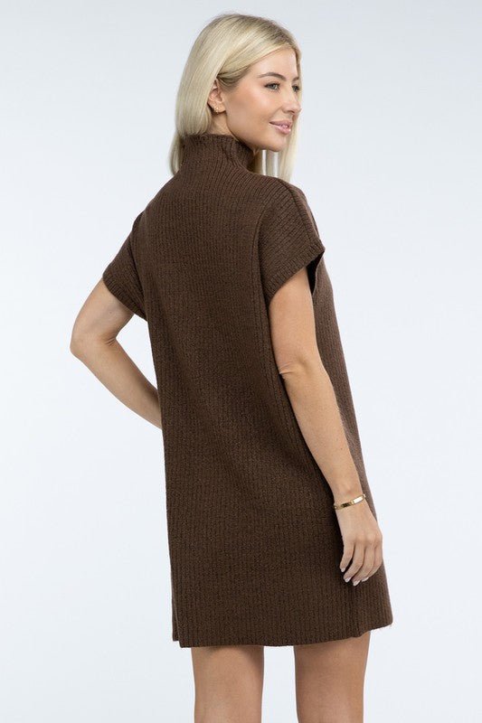 Mock Neck Short Sleeve Sweater Dress with Pocket - The Edit LLC