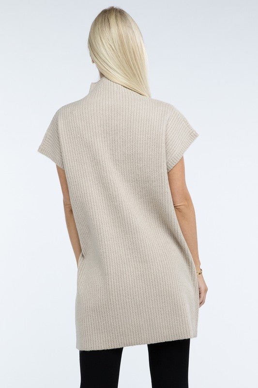 Mock Neck Short Sleeve Sweater Dress with Pocket - The Edit LLC