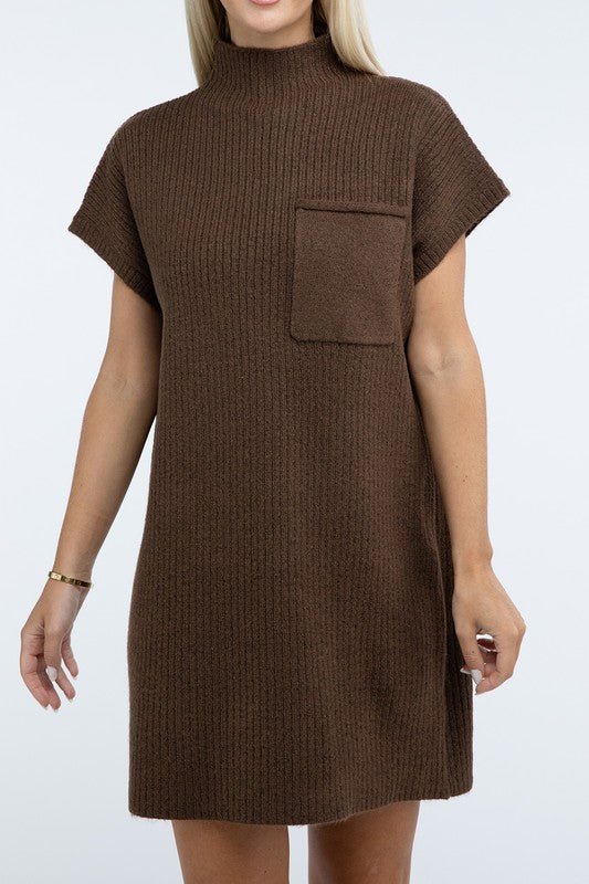 Mock Neck Short Sleeve Sweater Dress with Pocket - The Edit LLC