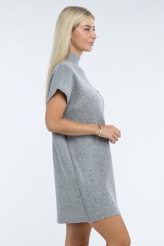 Mock Neck Short Sleeve Sweater Dress with Pocket - The Edit LLC