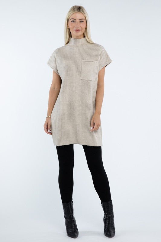 Mock Neck Short Sleeve Sweater Dress with Pocket - The Edit LLC