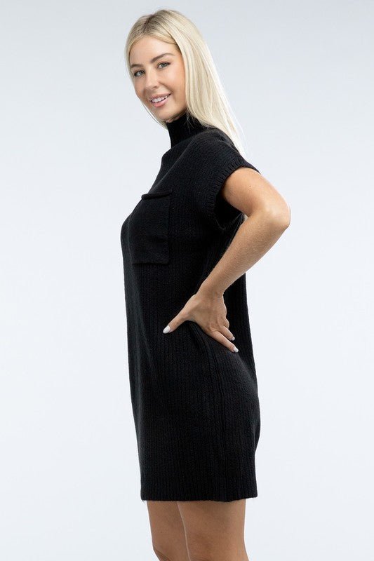 Mock Neck Short Sleeve Sweater Dress with Pocket - The Edit LLC