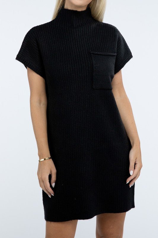 Mock Neck Short Sleeve Sweater Dress with Pocket - The Edit LLC