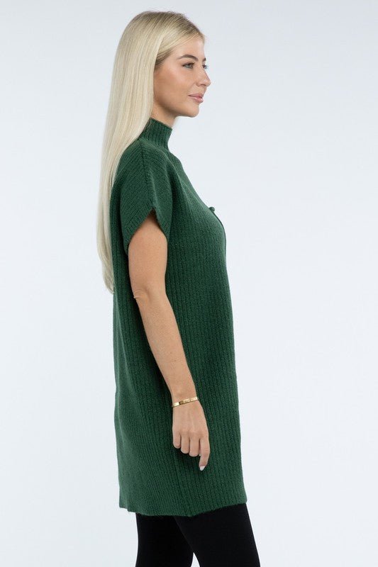 Mock Neck Short Sleeve Sweater Dress with Pocket - The Edit LLC